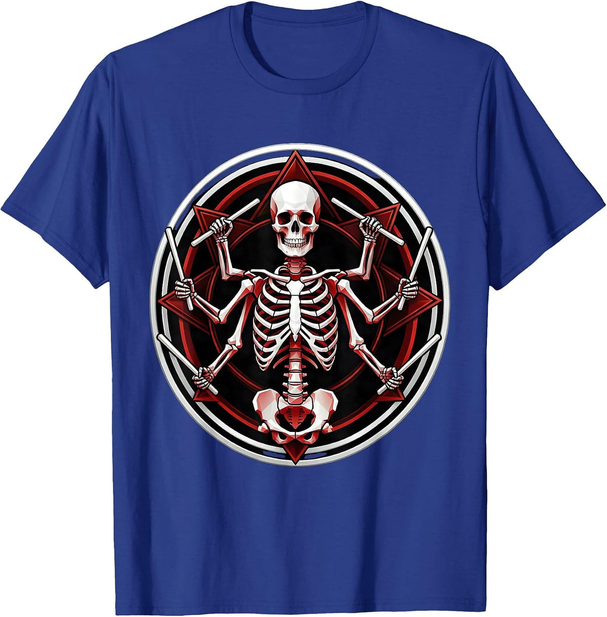 Men's Multi-Armed Skeleton Drummer Metal Band Graphic T-Shirt - Royal Blue