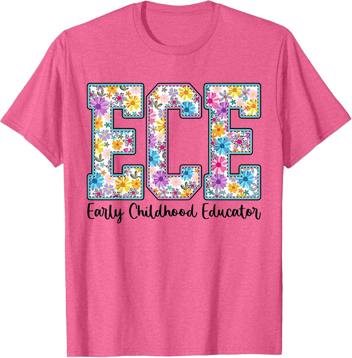 Retro ECE Early Childhood Educator Boho Floral Teacher Tee T-Shirt - Pink Heather