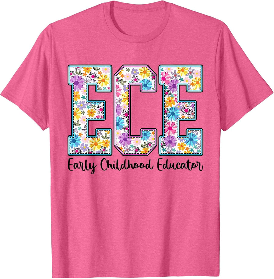 Retro ECE Early Childhood Educator Boho Floral Teacher Tee T-Shirt - Pink Heather