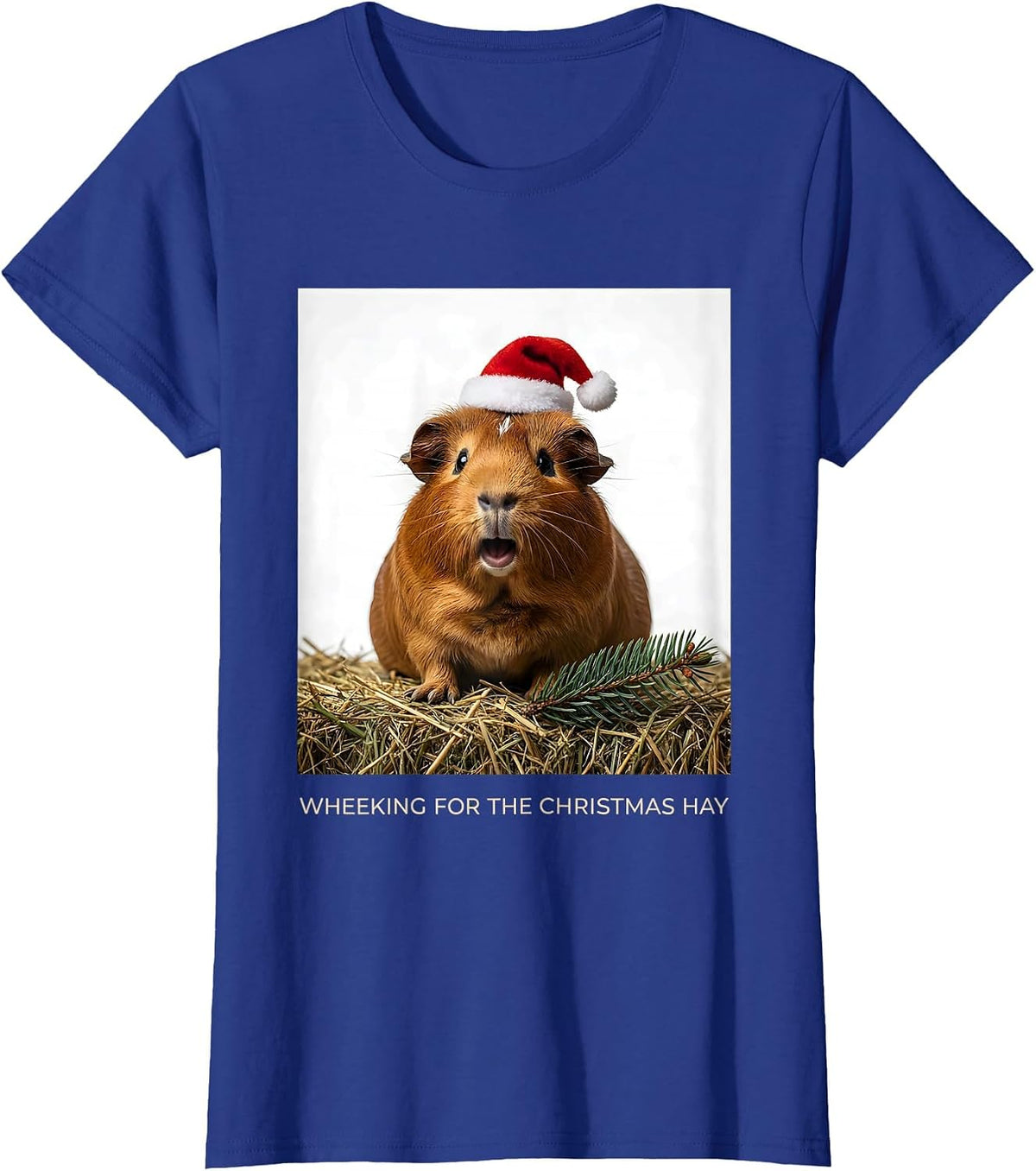 Women's Wheeking For The Christmas Hay Funny Guinea Pig Santa Hat T-Shirt - Royal Blue