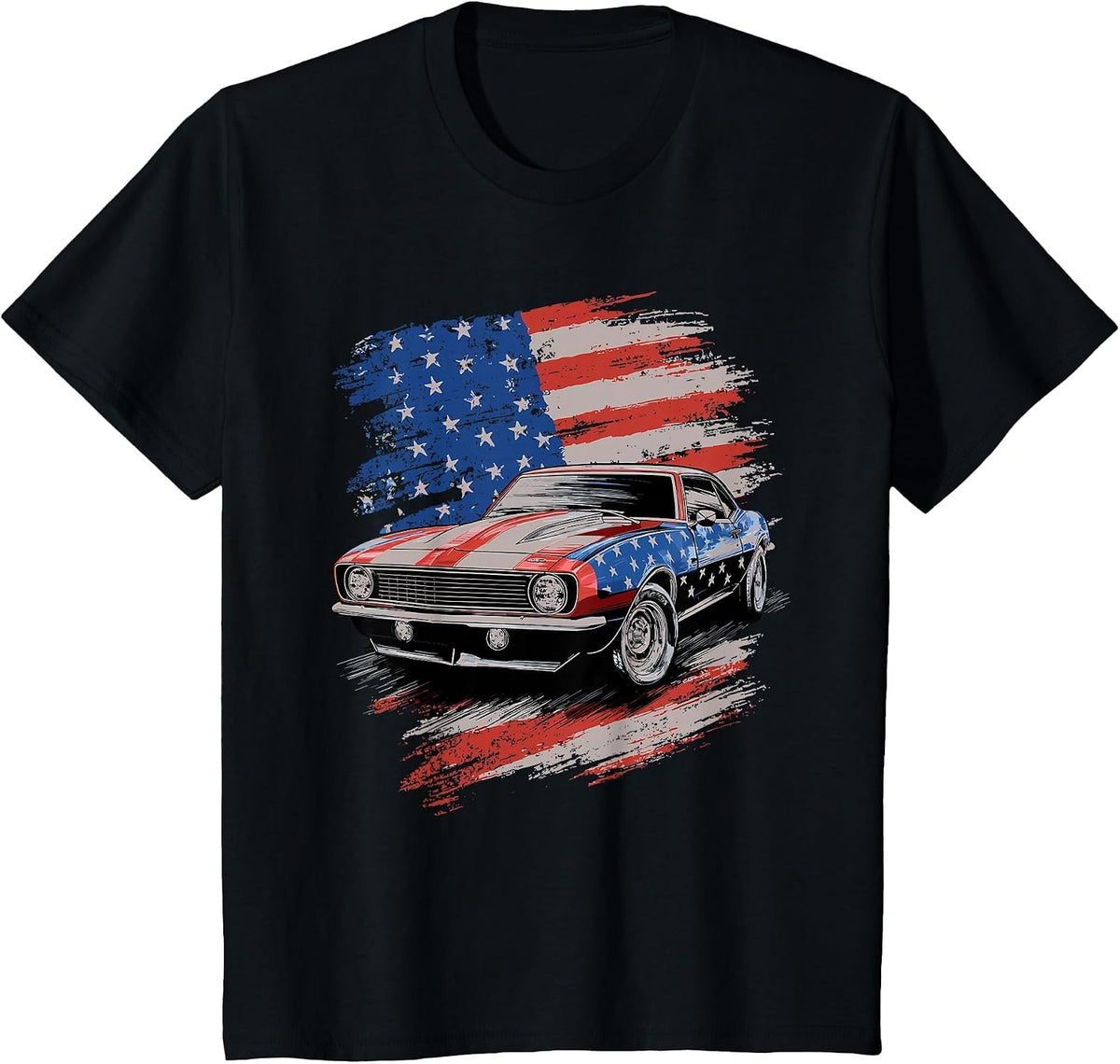 Classic Muscle Car American Flag T-Shirt - Black