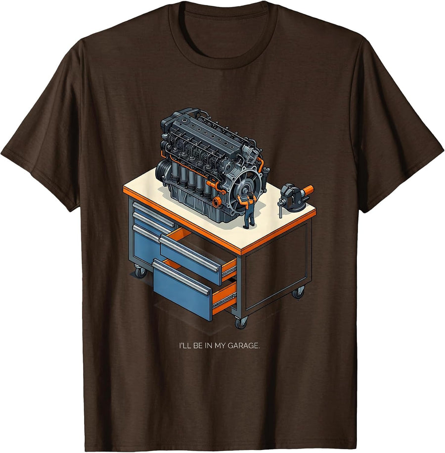 I'll Be In My Garage Isometric Mechanic Dad Joke Car Guy T-Shirt - Brown