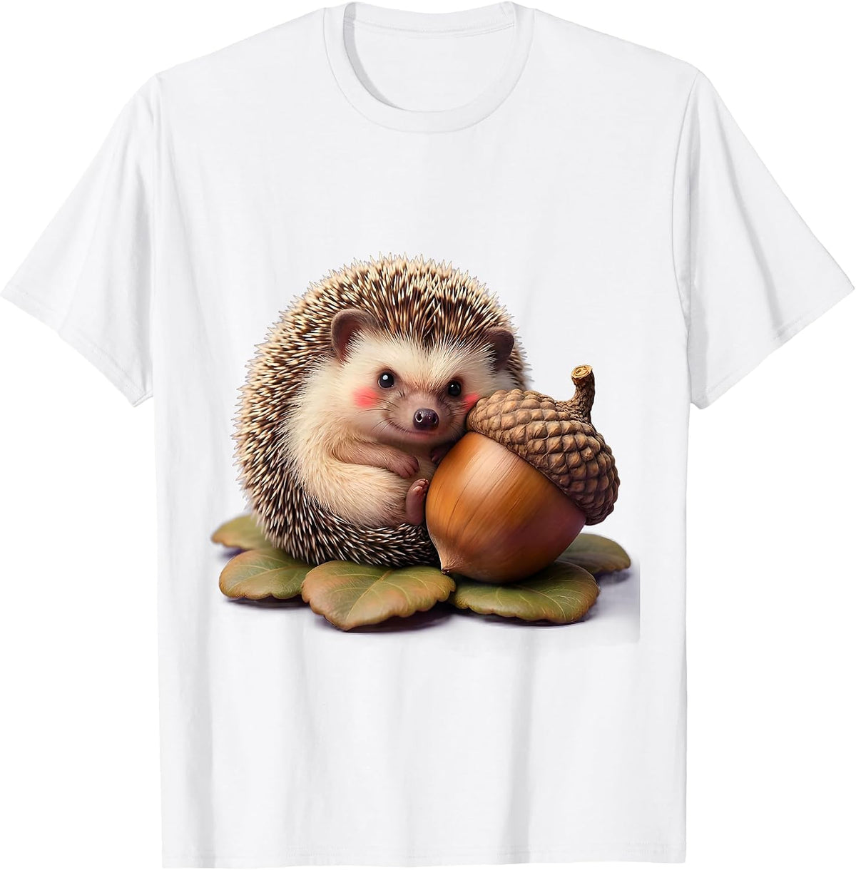 Men's Kawaii Hedgehog and Acorn Cute Forest Design T-Shirt - White