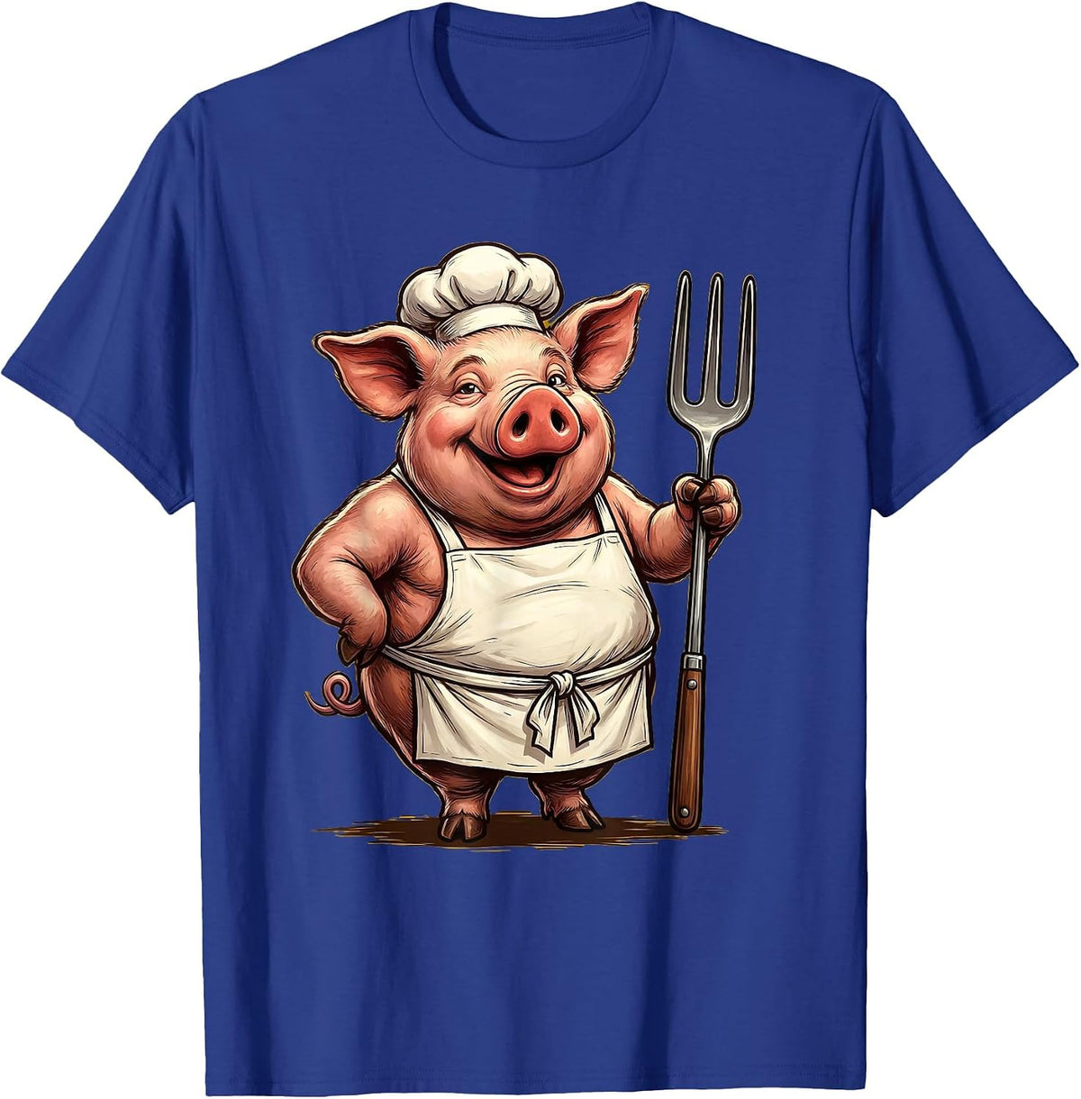 Pig Chef Apron Fork BBQ Grill Cooking Illustration T-Shirt - Royal Blue