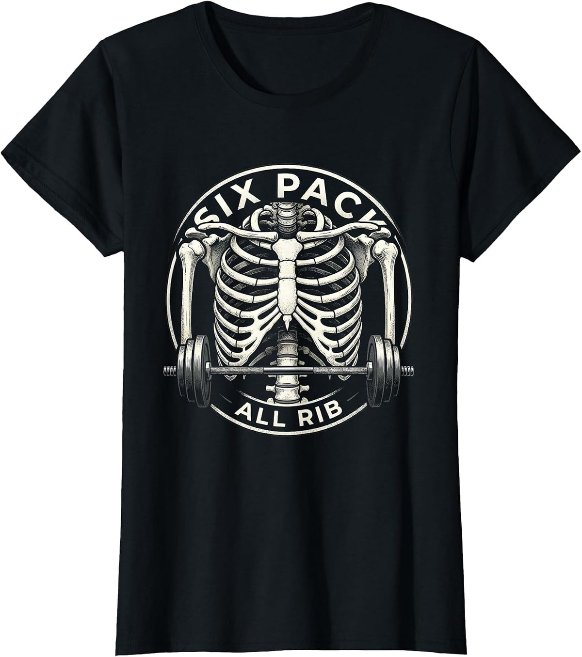 Six Pack, All Rib Funny Skeleton Gym Workout Halloween Humor T-Shirt - Black