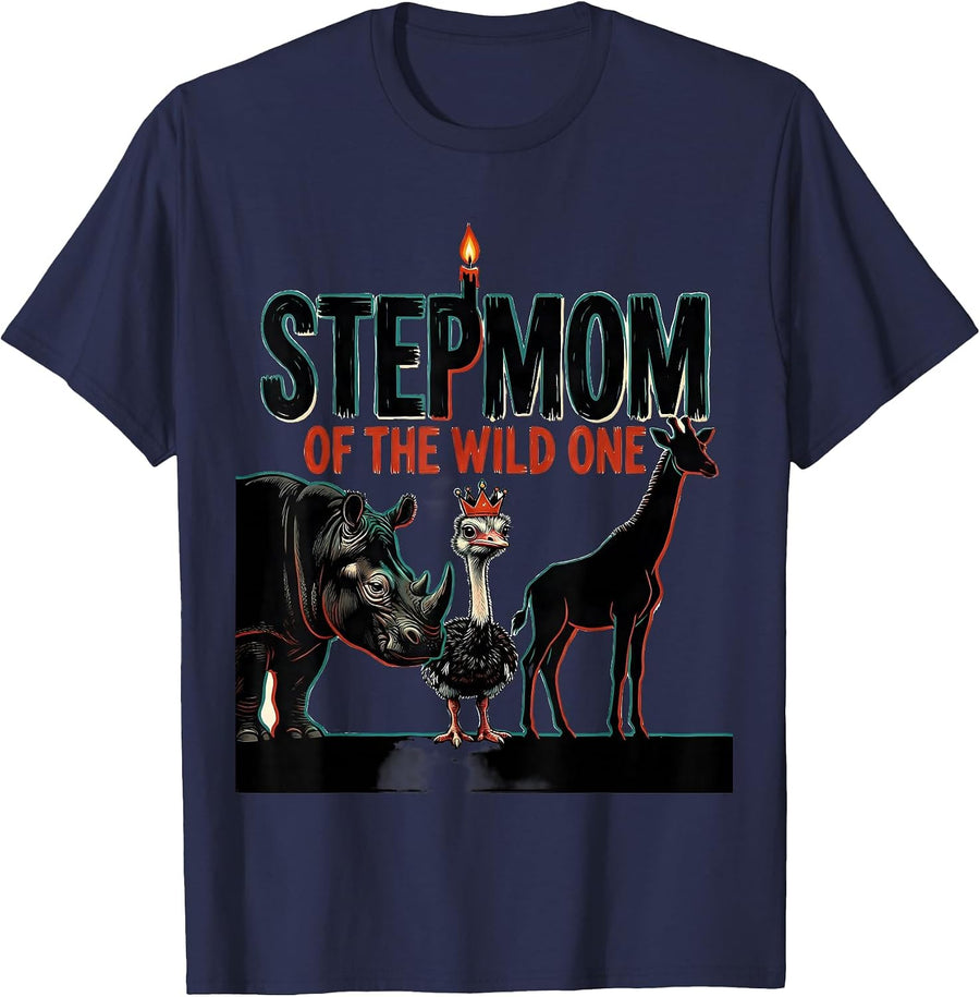 Stepmom Of The Wild One Playful Safari Zoo Animal Birthday T-Shirt - Navy Blue