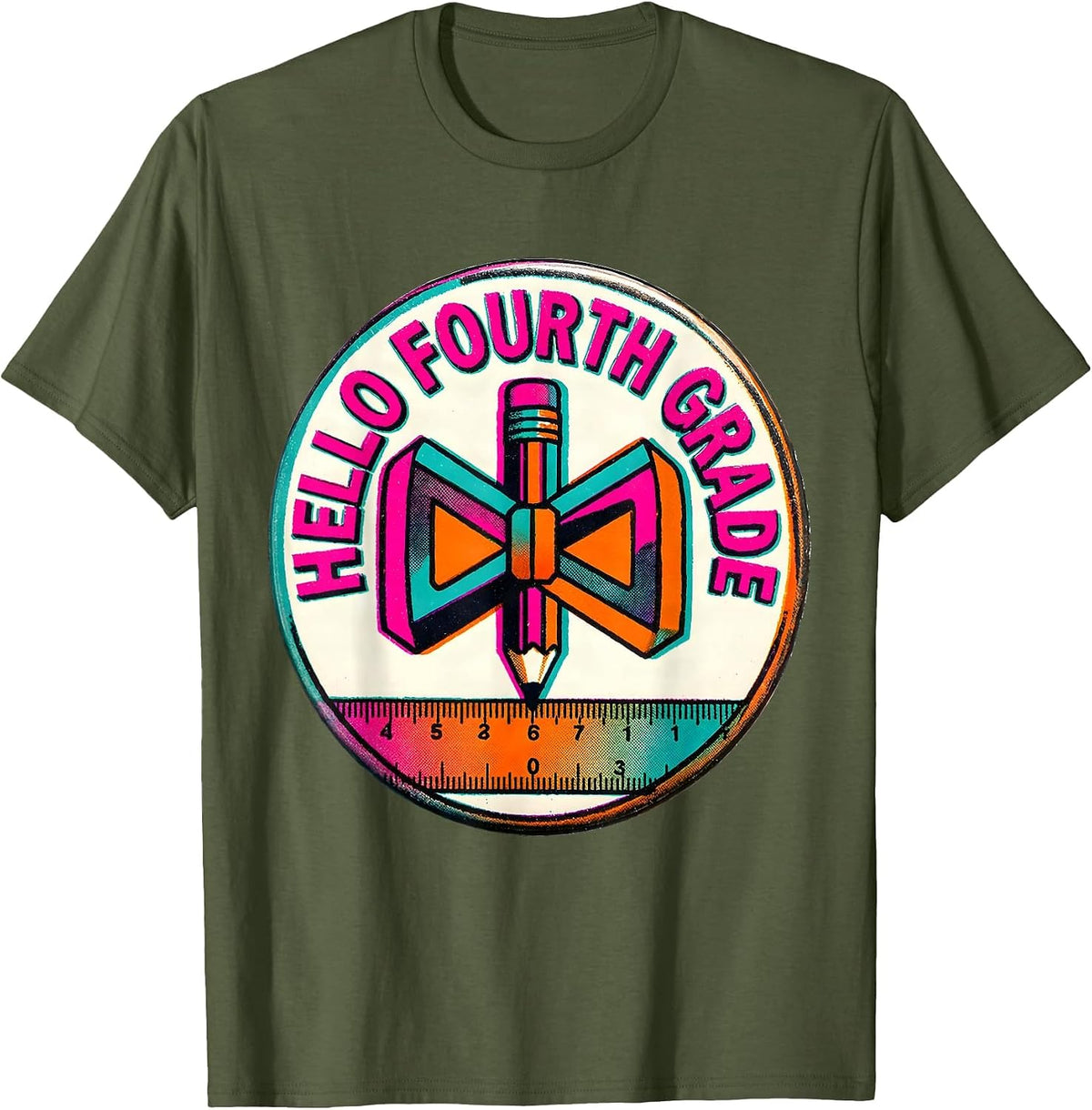 Men's Hello Fourth Grade Cute Coquette Bow Back to School Teacher T-Shirt - Olive Green