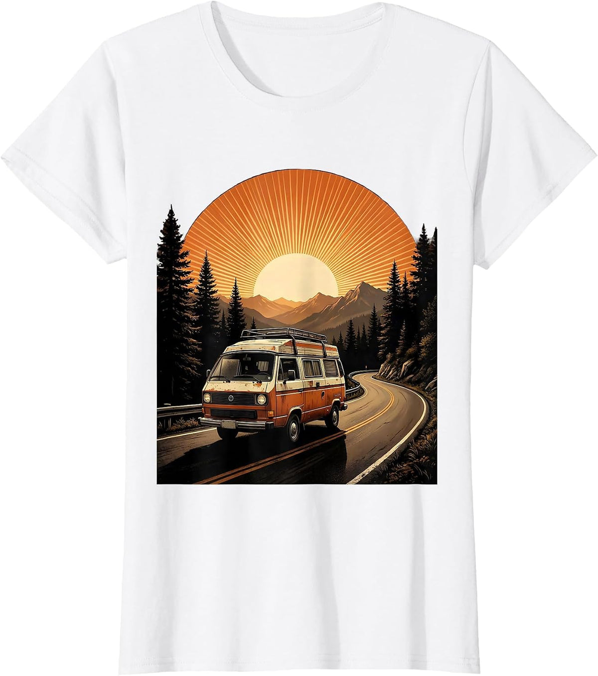 Retro Camper Van Sunset Mountain Road T-Shirt - White