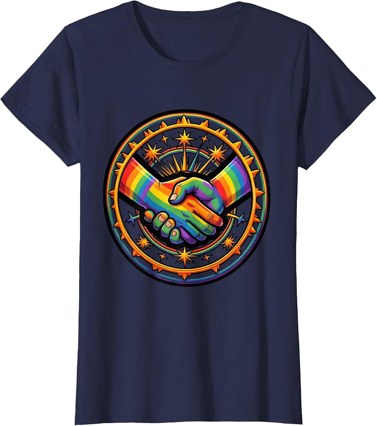 Women's Glowing Interlocked Hands Pride Unity Design T-Shirt - Navy Blue