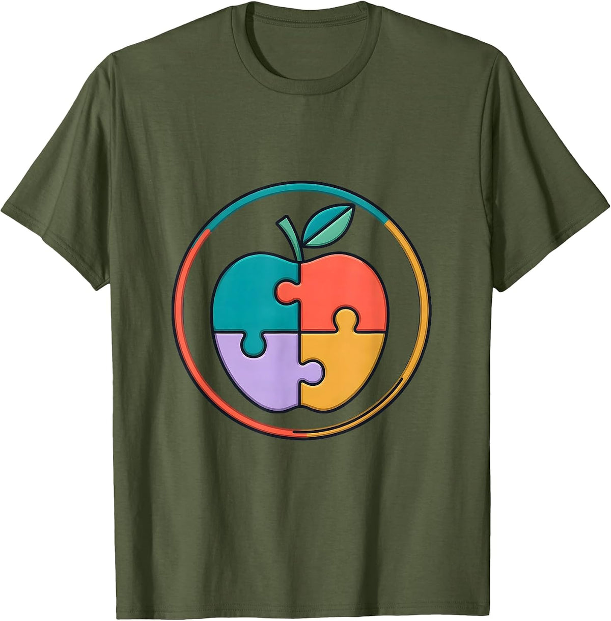 Paraprofessional Puzzle Apple Graphic Design T-Shirt - Olive Green
