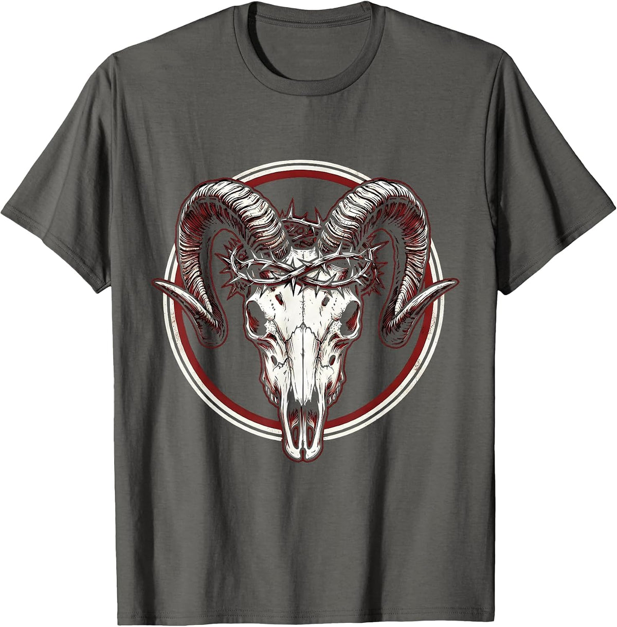 Goat Skull Crowned With Thorns Death Metal Art T-Shirt - Asphalt Grey