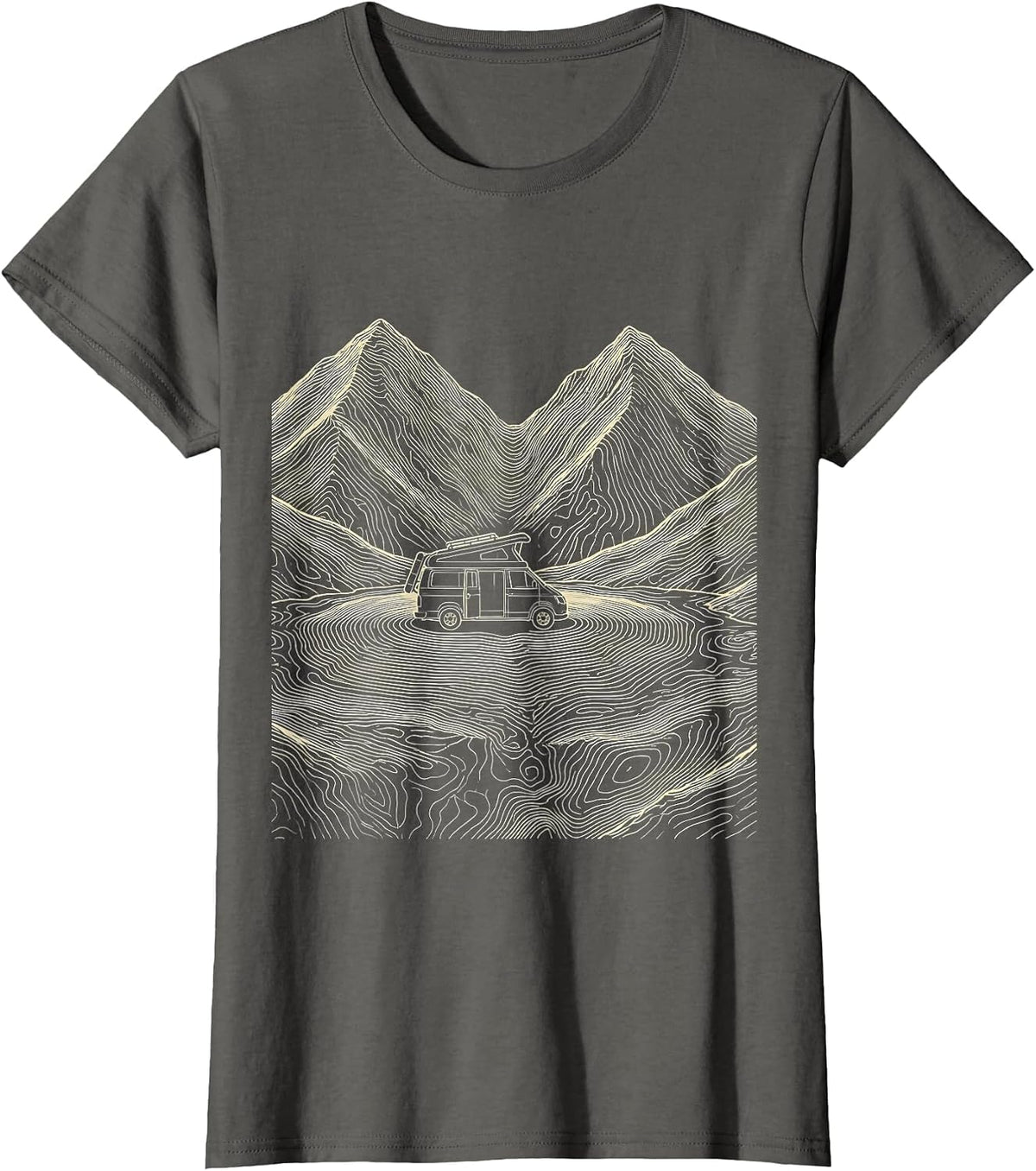 Women's Camper Van Mountain Saddle Topographic Contour Van Life T-Shirt - Asphalt Grey