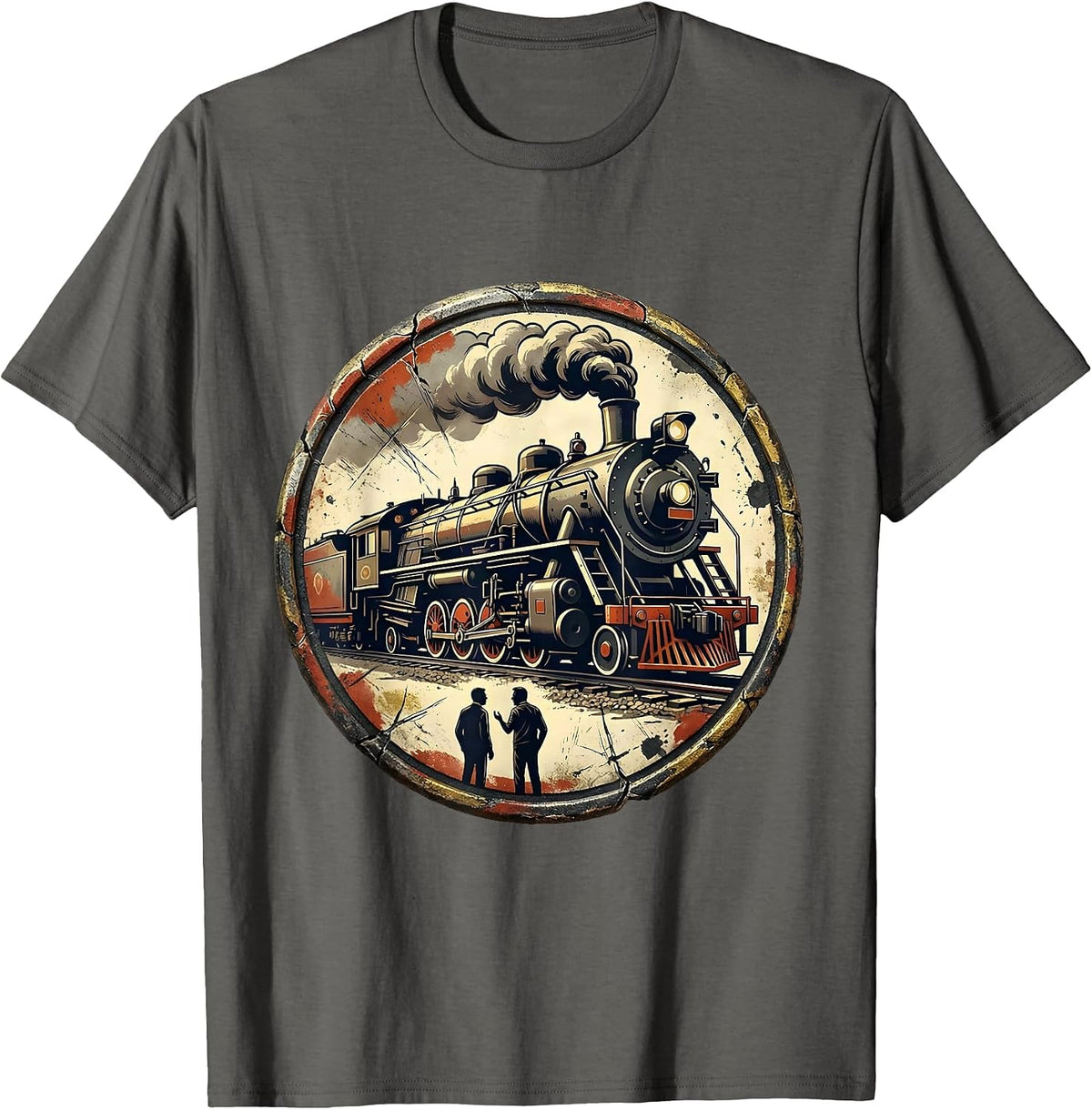 Sealed Train Badge Distressed Steam Engine Enthusiast Gift T-Shirt - Asphalt Grey