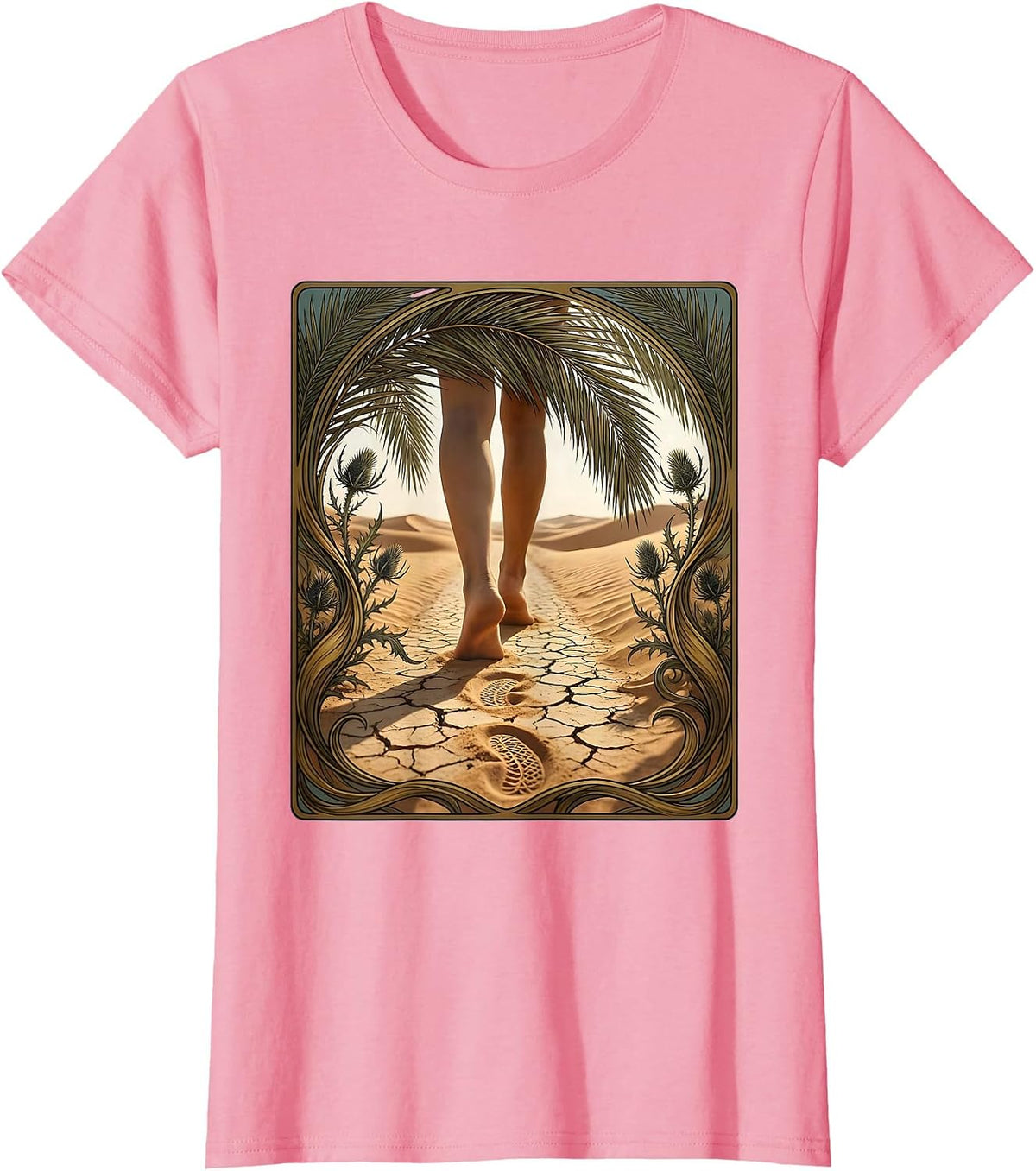 Women's Jesus Walking on Dusty Desert Road Graphic T-Shirt - Pink