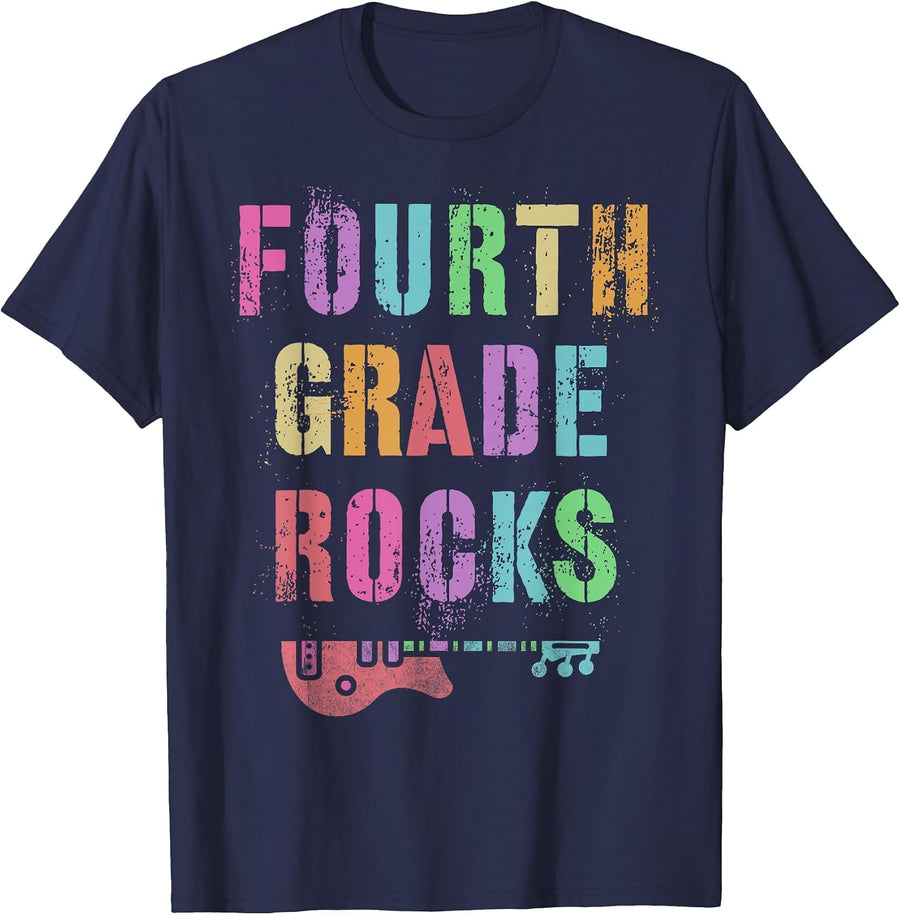 Fourth Grade Rocks Teacher Rockstar Team 4th Grader Vibes T-Shirt - Navy Blue