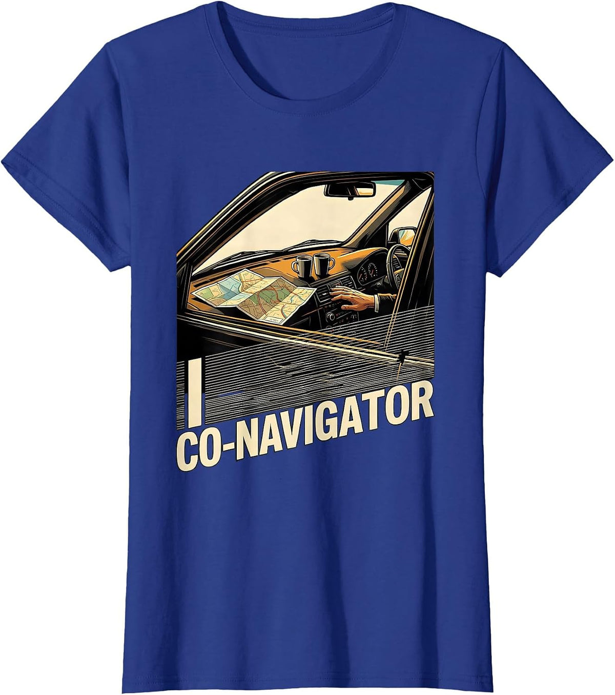 Women's I Co-Navigator New Wave Van Life Camper Nomad Humor T-Shirt - Royal Blue