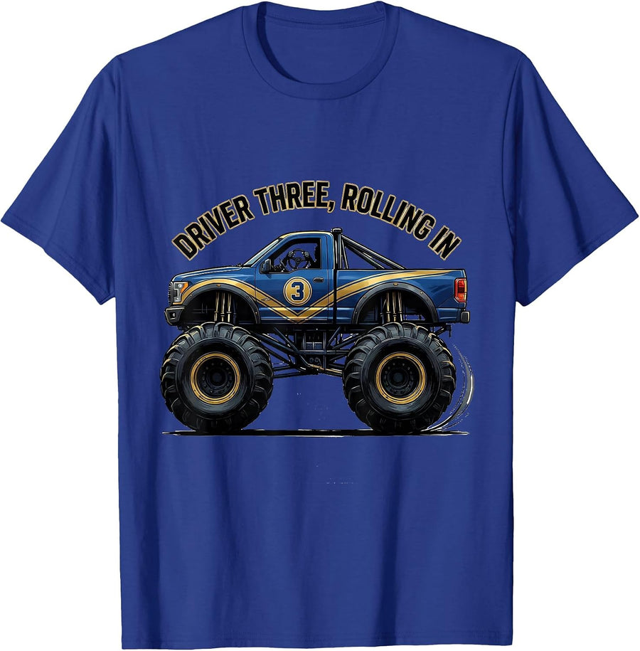 Driver Three Rolling In Birthday Monster Truck 3 Year Old T-Shirt - Royal Blue