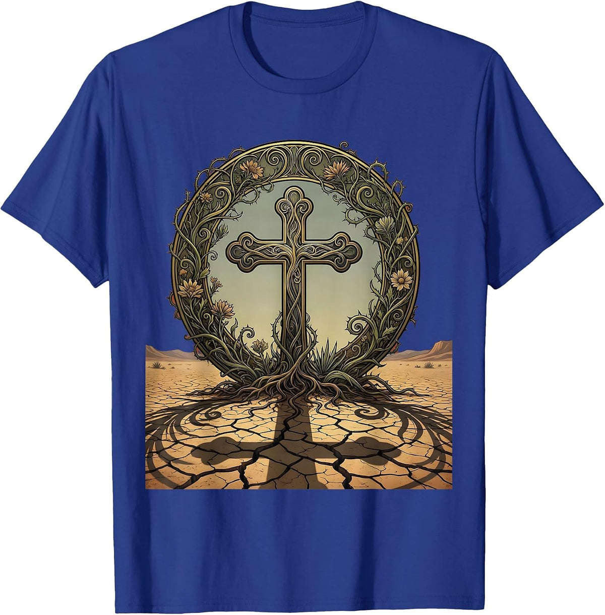 Cross Shadow on Cracked Desert Ground Graphic T-Shirt - Royal Blue