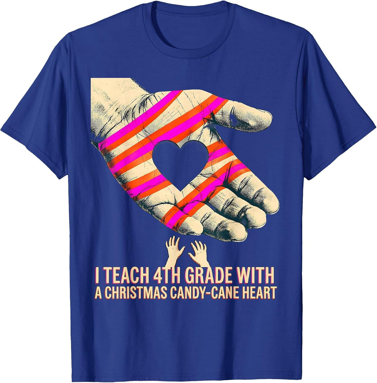 Men's I Teach 4th Grade With A Christmas Candy-Cane Heart Teacher T-Shirt - Royal Blue