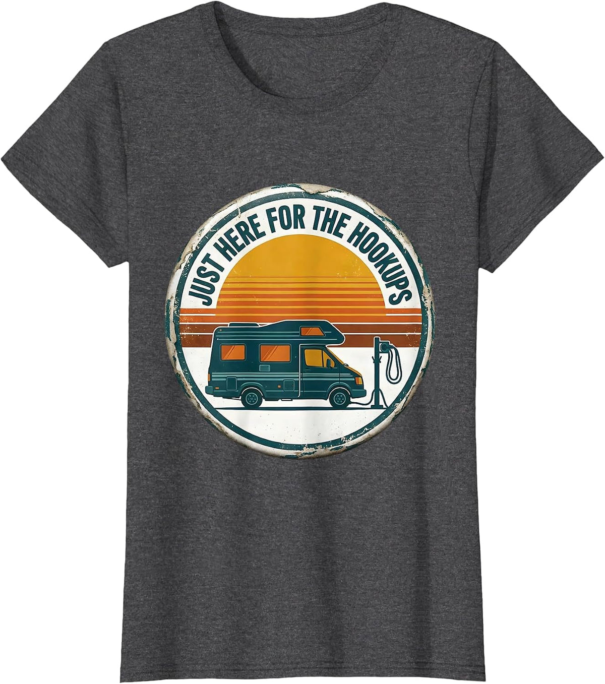 Women's Just Here For The Hookups Retro Van Life Nomad Badge T-Shirt - Dark Heather Grey