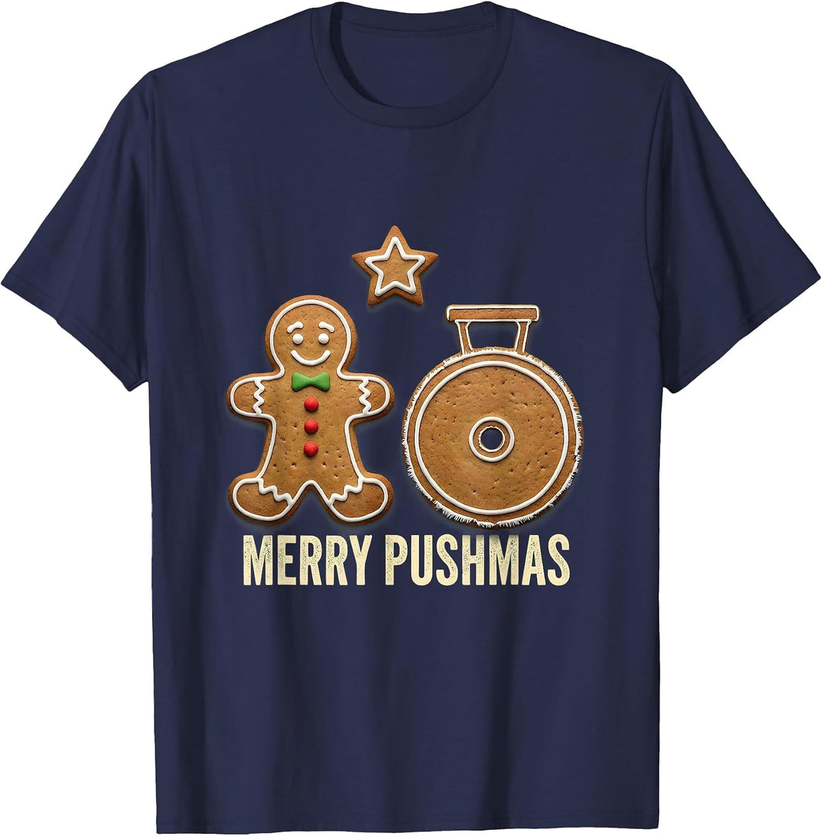 Merry Pushmas Rubber Stamp Gingerbread Cookie Weightlifting T-Shirt - Navy Blue