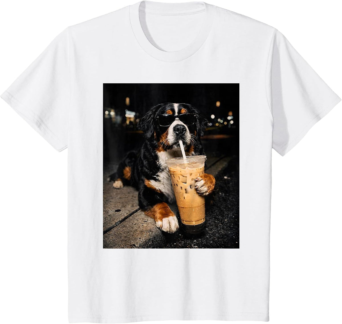 Bernese Mountain Drinking Iced Coffee Lover Humor Funny Meme T-Shirt - White