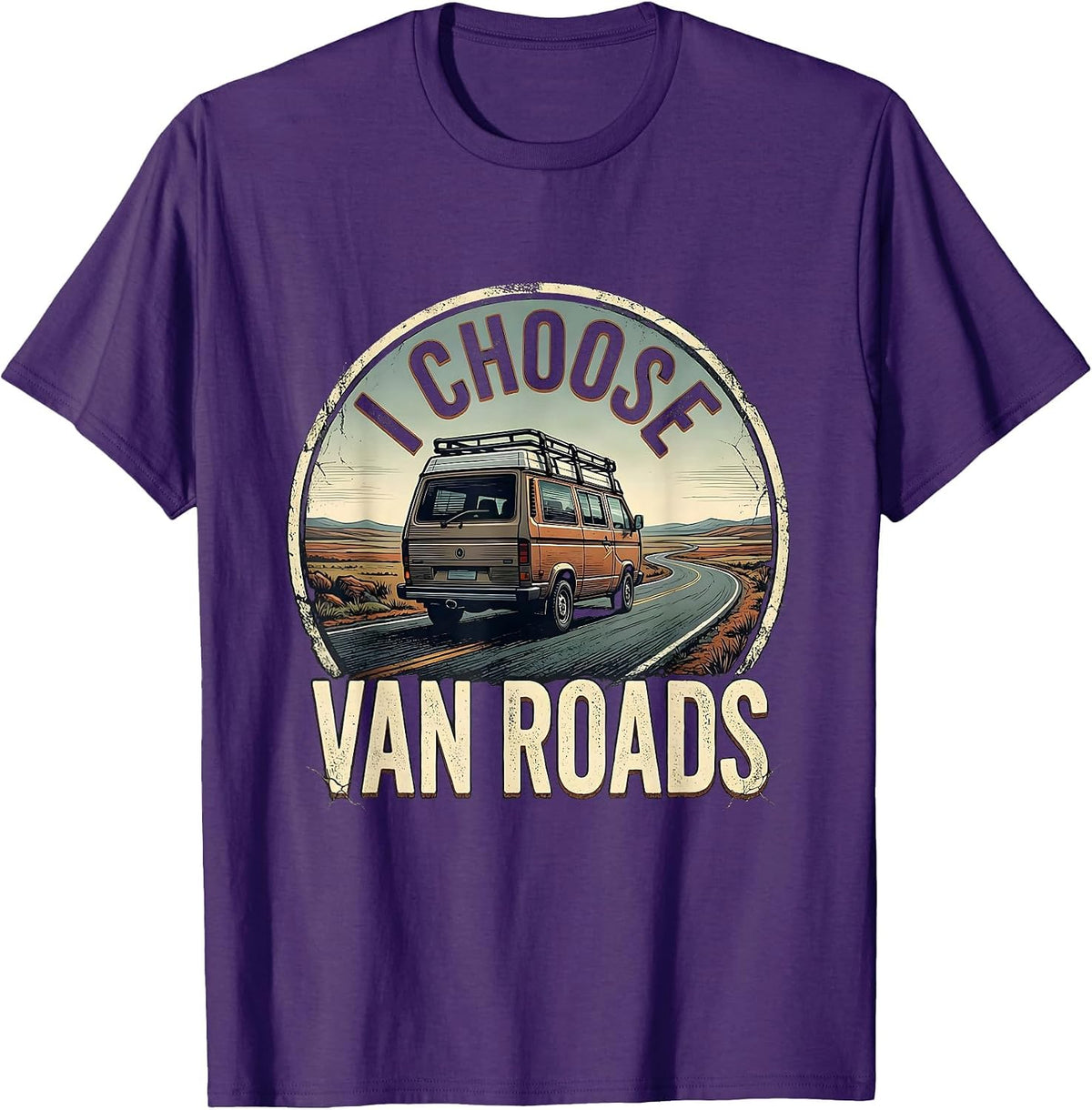 Men's I Choose Van Roads Distressed Van Life Road Trip Badge T-Shirt - Purple