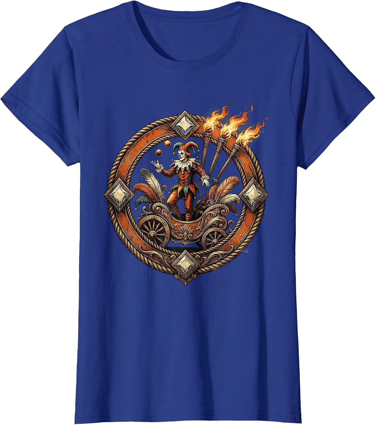 Women's Mardi Gras Jester Juggling Flaming Torches Float T-Shirt - Royal Blue