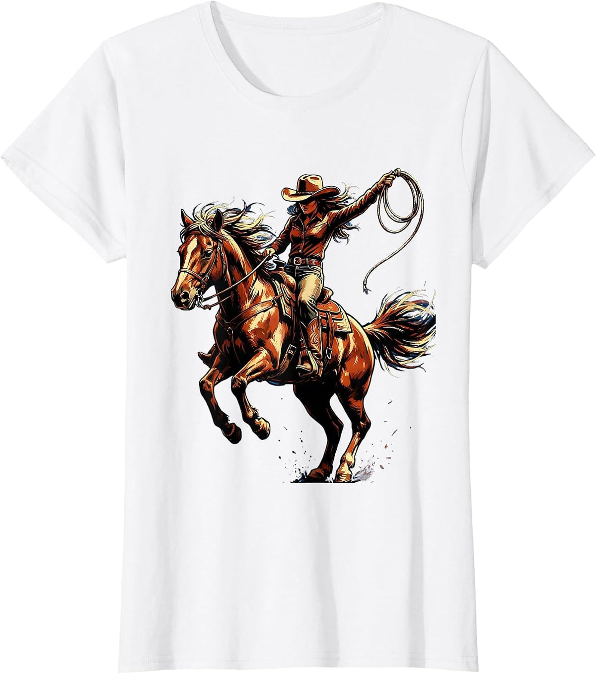 Women's Cowgirl Bucking Bronco Rodeo Rider Illustration T-Shirt - White