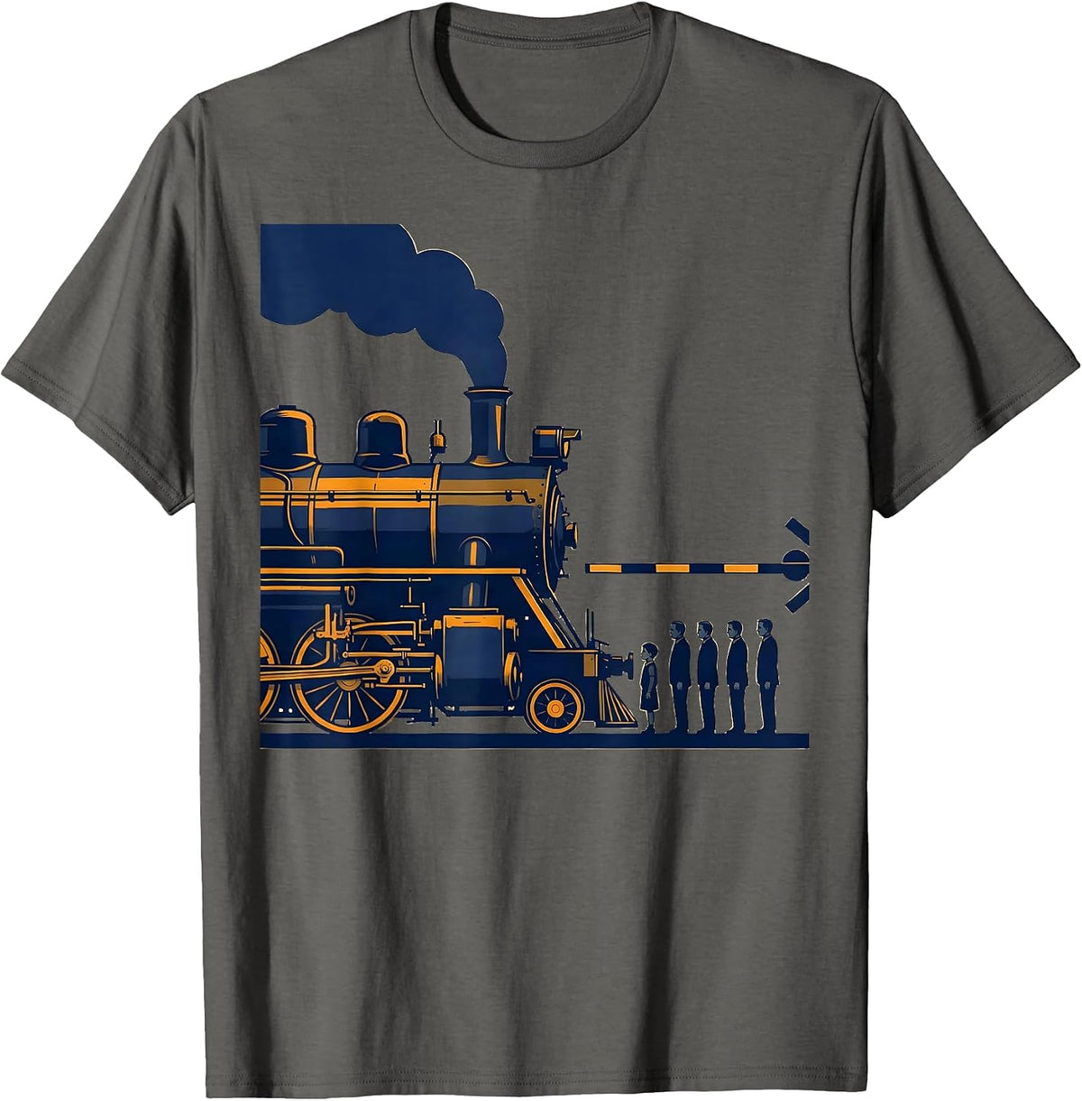 Oversized Locomotive Family Portrait Train Enthusiast Humor T-Shirt - Asphalt Grey