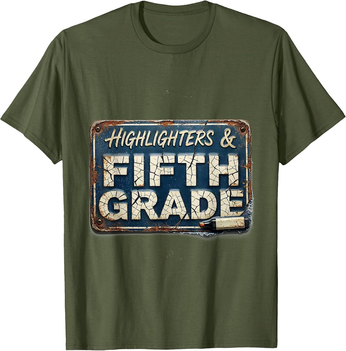 Highlighters & Fifth Grade Distressed Retro Teacher Girl T-Shirt - Olive Green