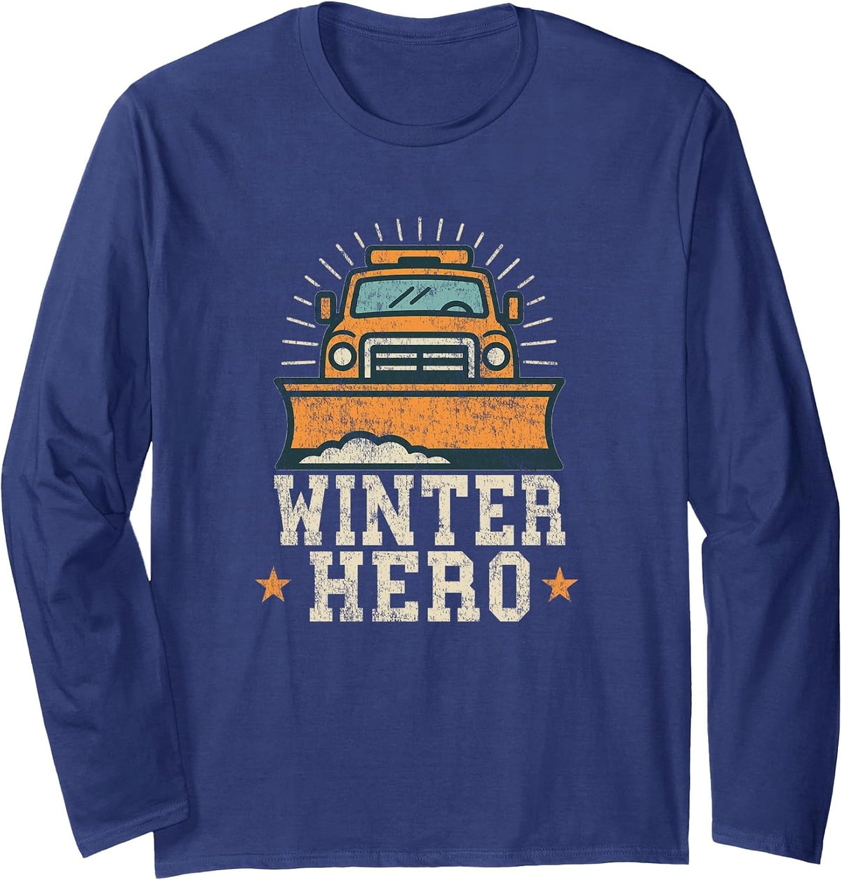 Winter Hero Snowplow Snow Removal Truck Artwork Long Sleeve T-Shirt - Adult Unisex Navy Blue