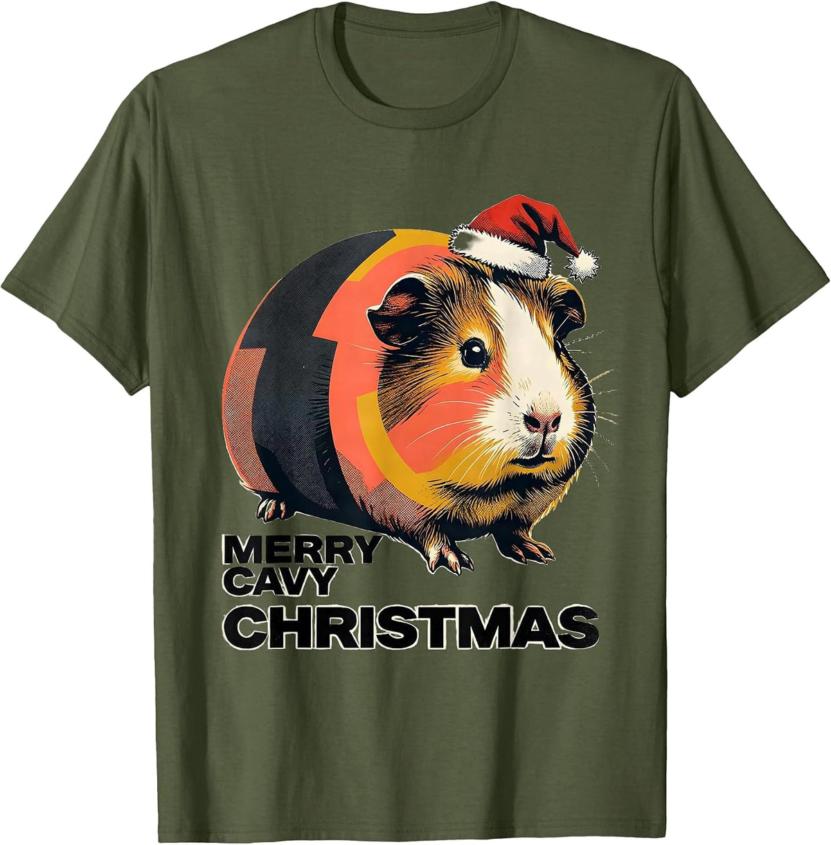 Men's Merry Cavy Christmas Midcentury Modern Guinea Pig Owner Pet T-Shirt - Olive Green
