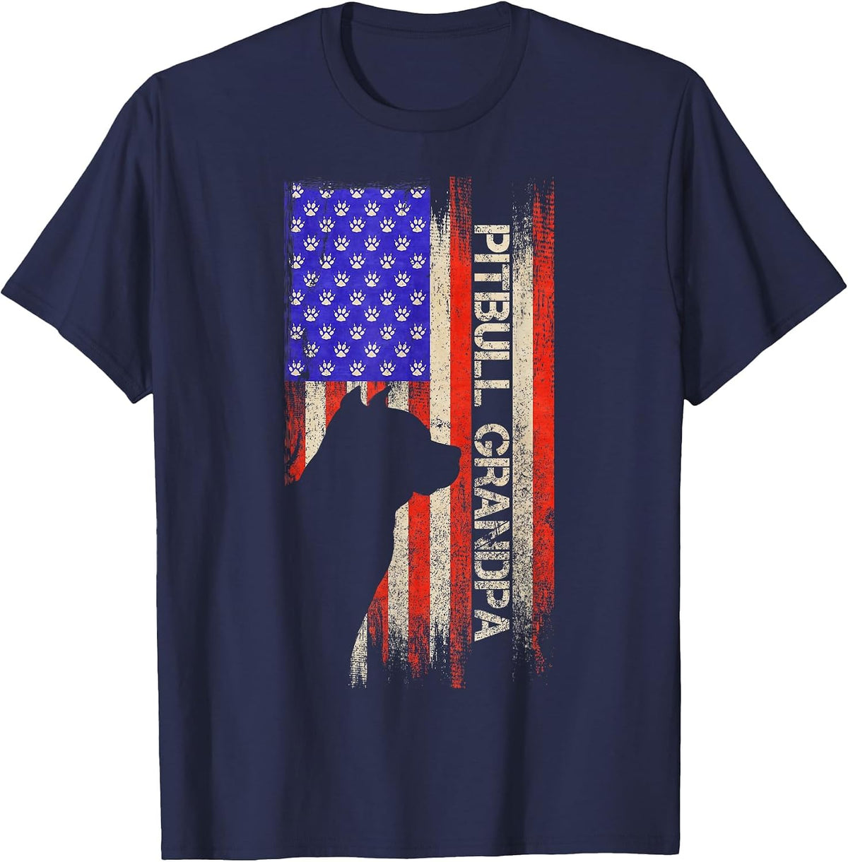 Vintage USA Flag Proud Pitbull Dog Grandpa Pittie Silhouette T-Shirt - Navy Blue