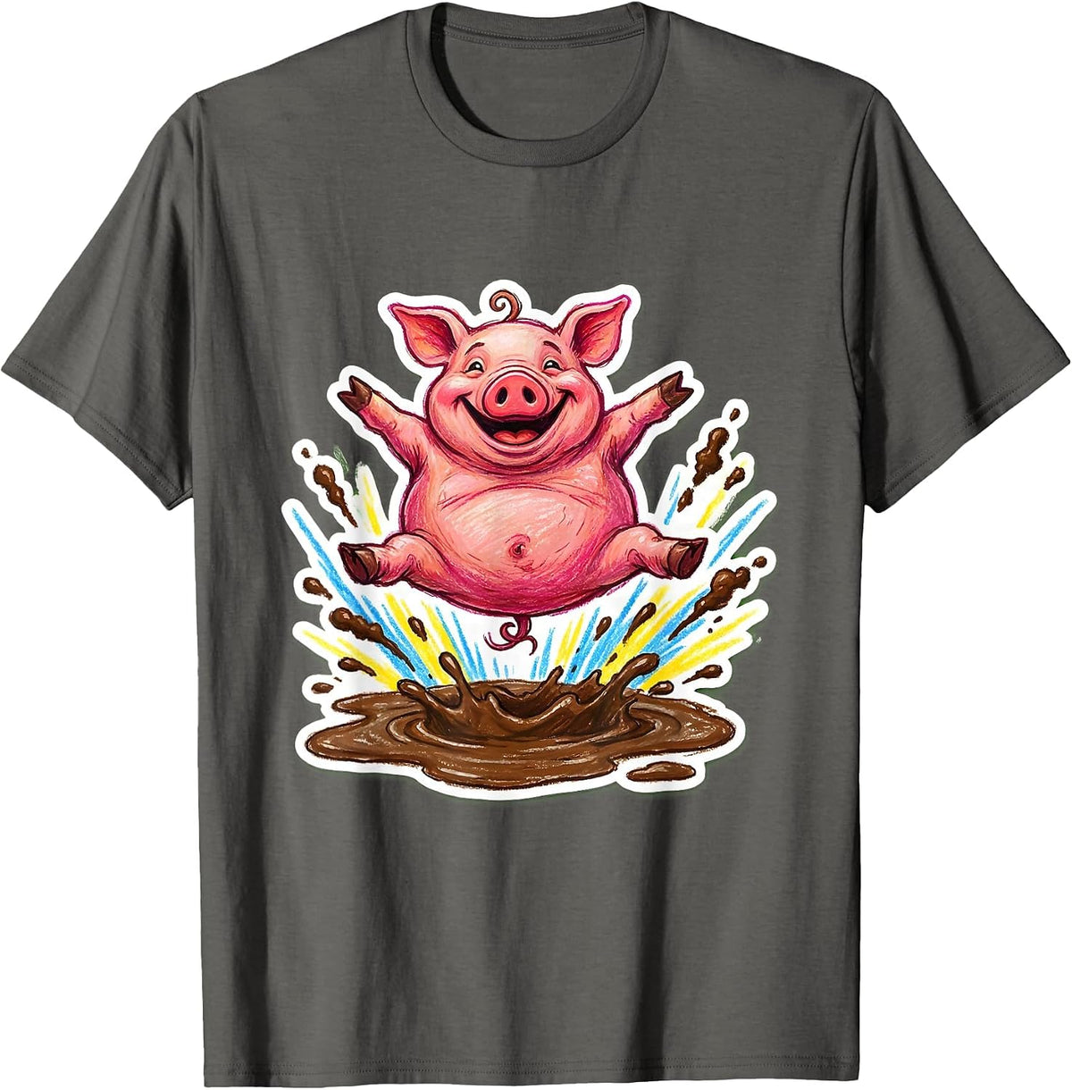 Men's Pig Belly Flop Into Mud Funny Animal Design T-Shirt - Asphalt Grey