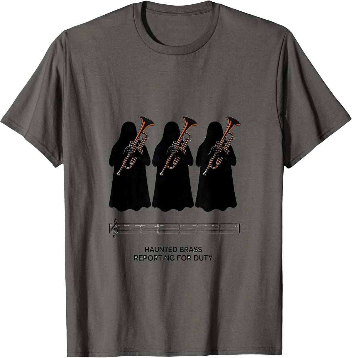 Haunted Brass Reporting For Duty Minimalist Ghost Musician T-Shirt - Asphalt Grey