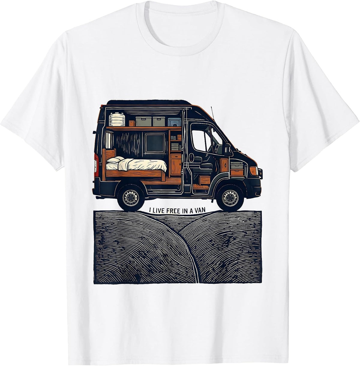 Men's I Live Free In A Van Retro Van Life Nomads Dwellers T-Shirt - White