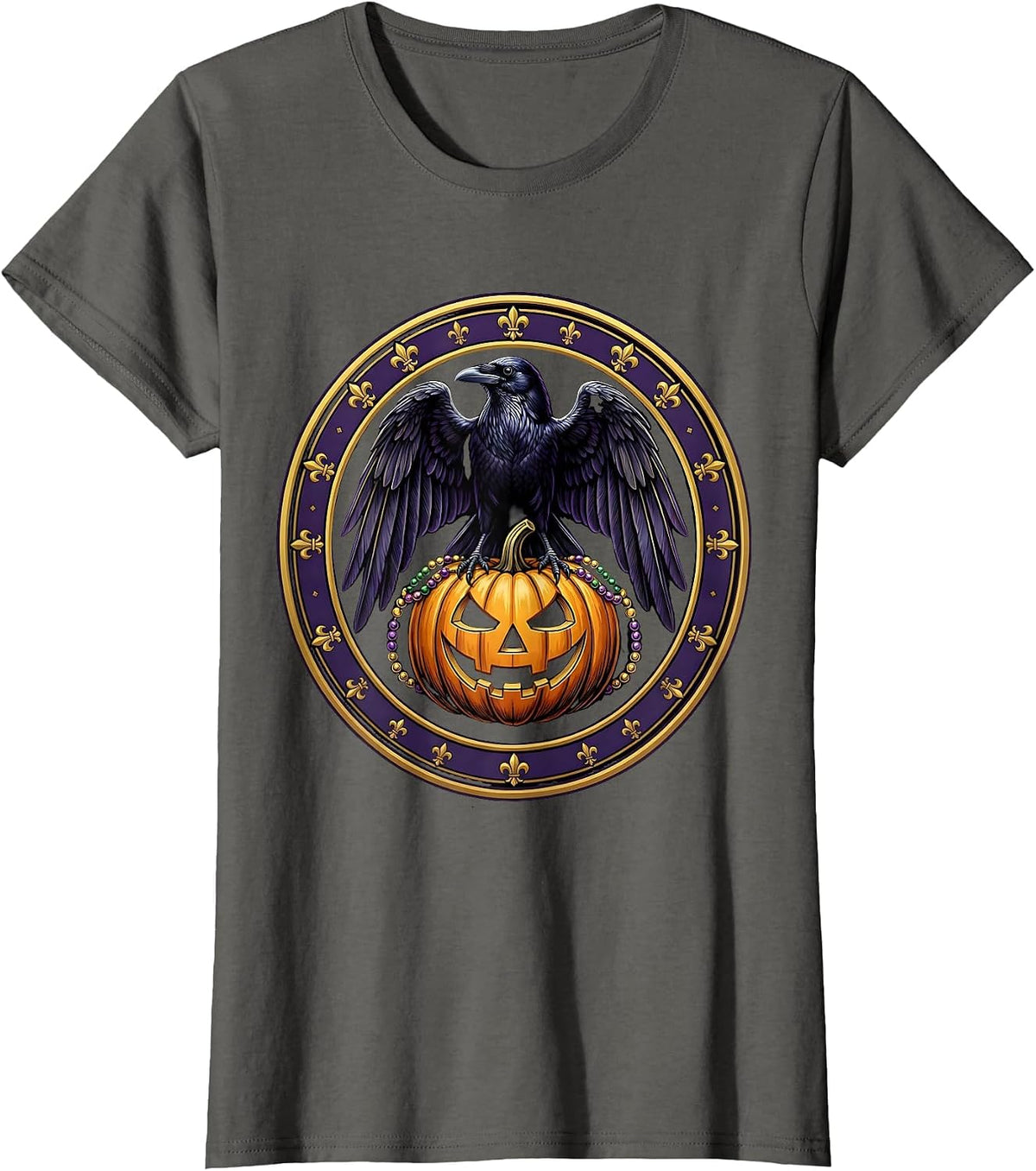 Women's Mardi Gras Crow on Glowing Jack-O-Lantern T-Shirt - Asphalt Grey