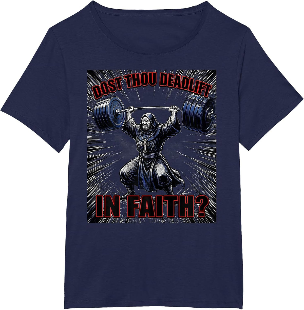 Women's Dost Thou Deadlift in Faith Comic Book Christian Gym Humor T-Shirt - Navy Blue