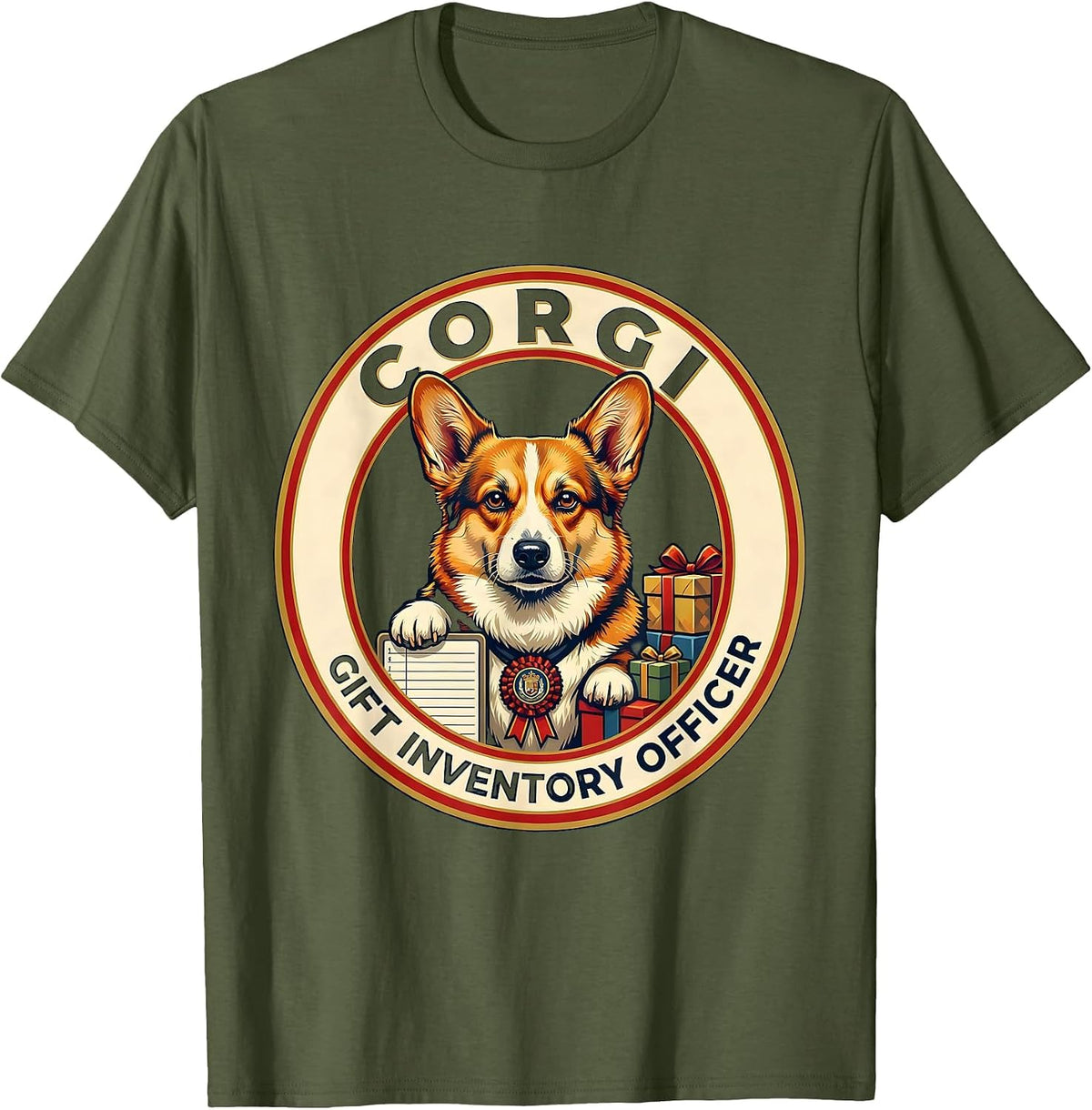 Corgi Gift Inventory Officer Funny Christmas Dog Breed Humor T-Shirt - Olive Green