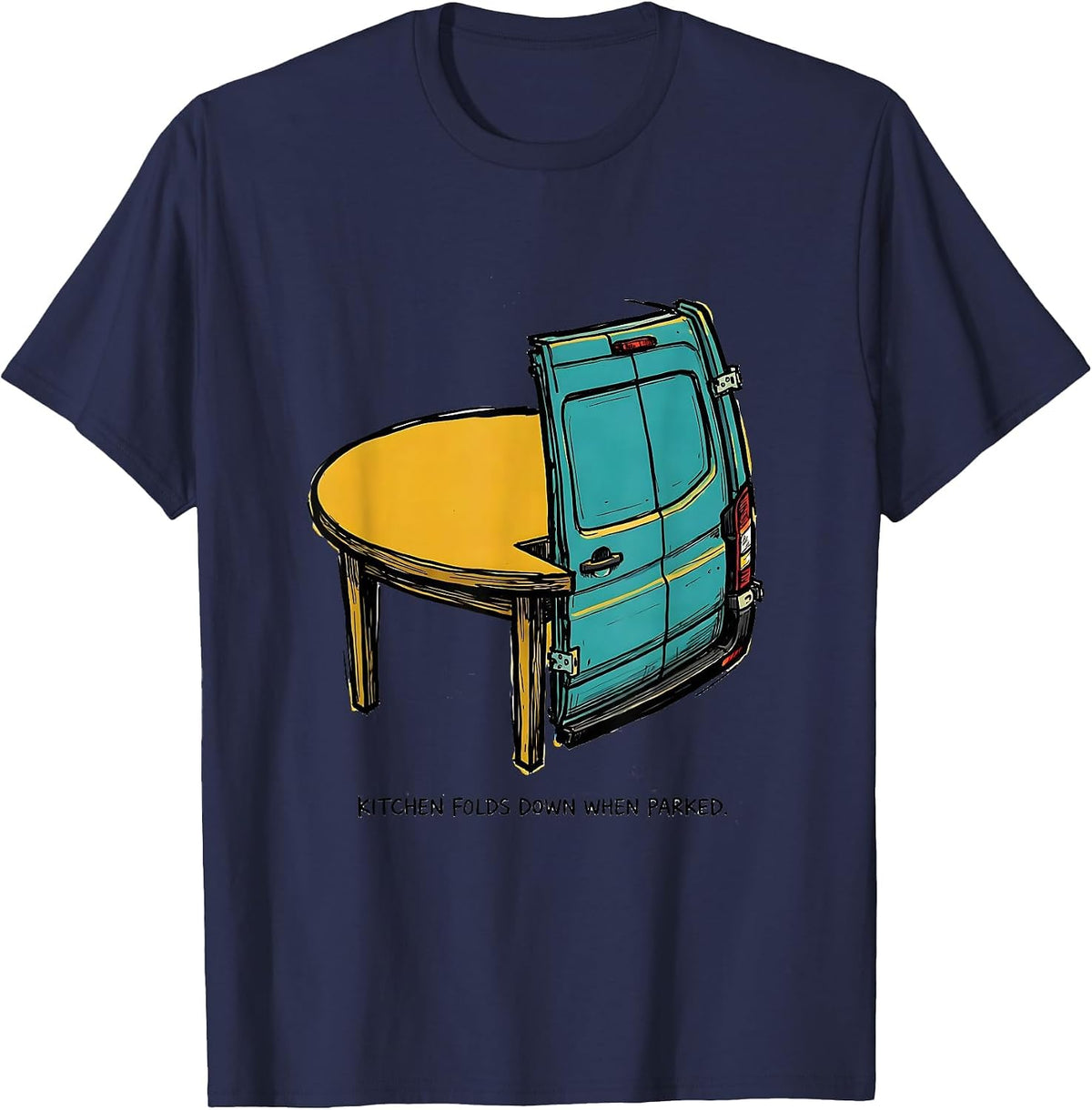 Kitchen Folds Down When Parked Retro Van Life Nomads Vanlife T-Shirt - Navy Blue