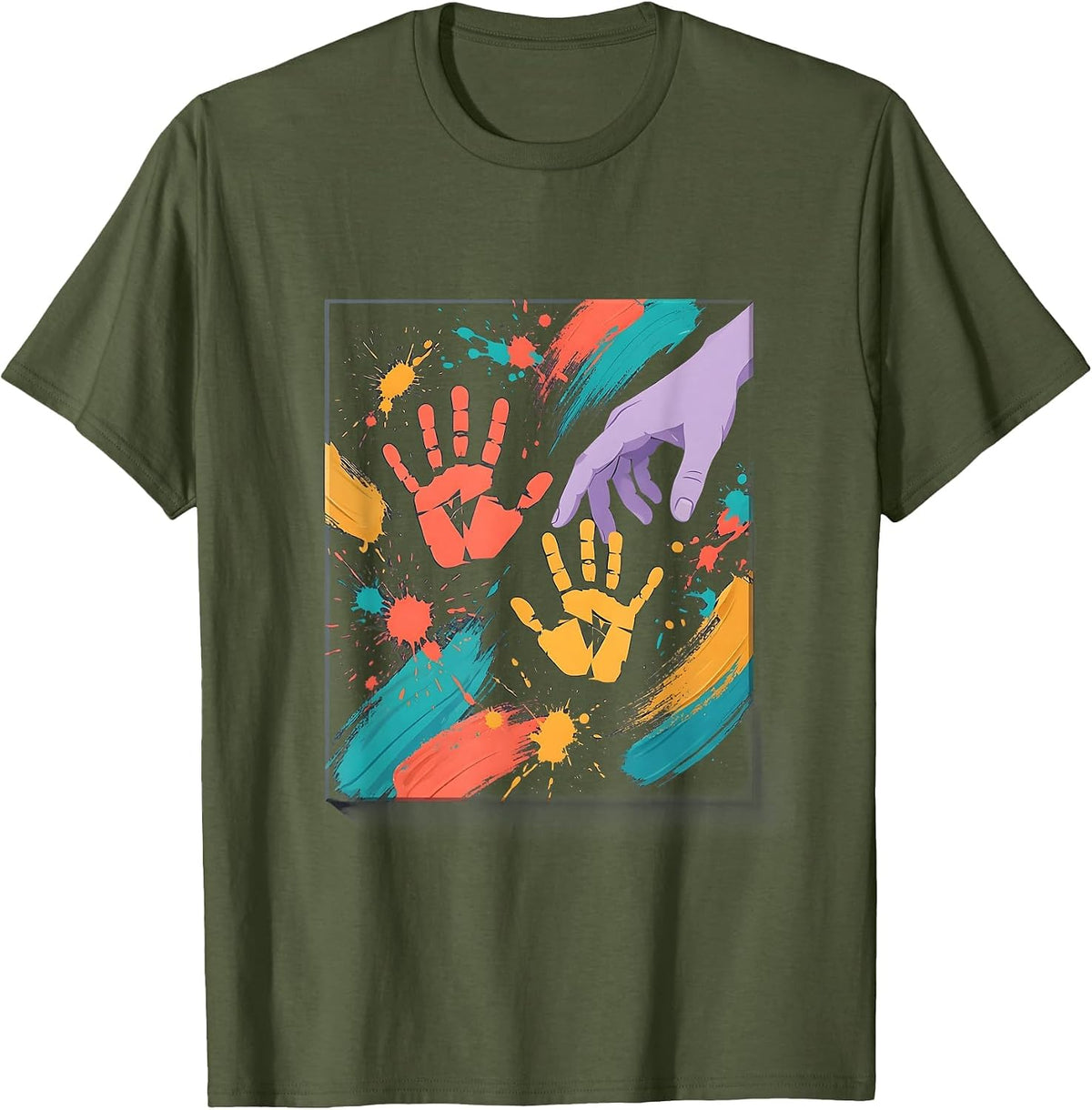 Toddler Teacher Paint Handprint Art Design T-Shirt - Olive Green