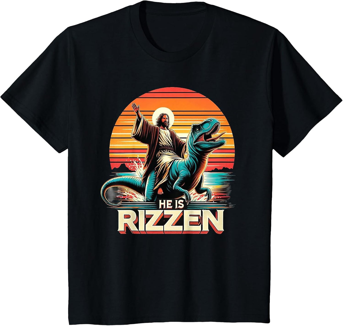 He is Rizzen Jesus Retro Christian Dinosaur T-Shirt - Black