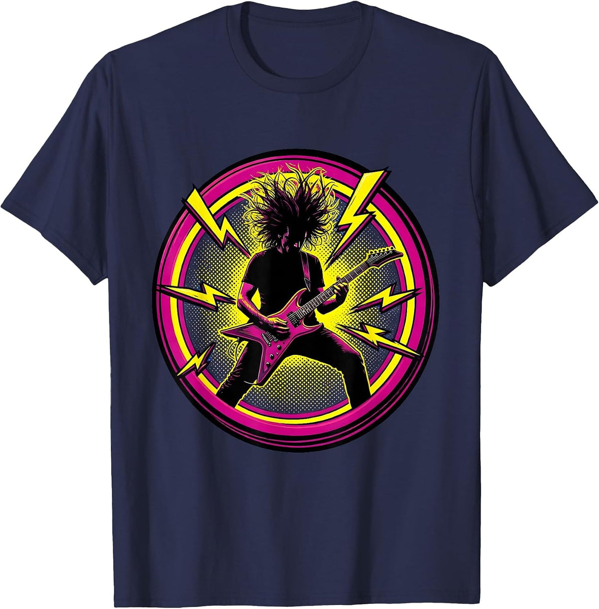 80s Hair Metal Guitarist Shredding on Stage T-Shirt - Navy Blue