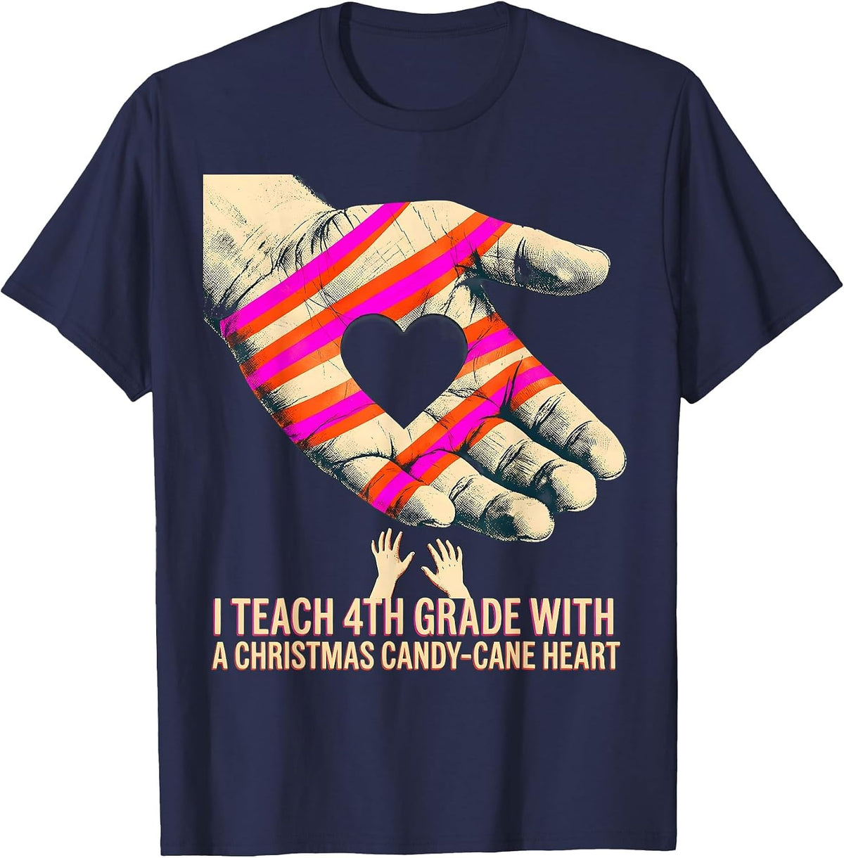Men's I Teach 4th Grade With A Christmas Candy-Cane Heart Teacher T-Shirt - Navy Blue