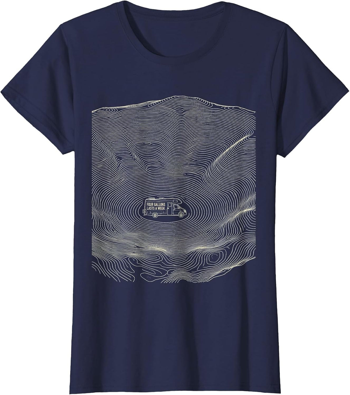 Women's Four Gallons Lasts A Week Retro Van Life Nomad Travel Pride T-Shirt - Navy Blue