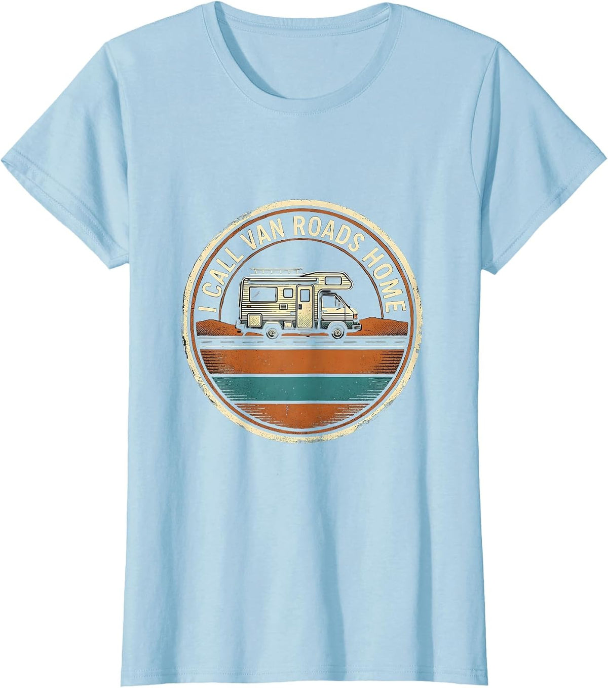 I Call Van Roads Home Retro Van Life Road Trip Emblem T-Shirt - Baby Blue