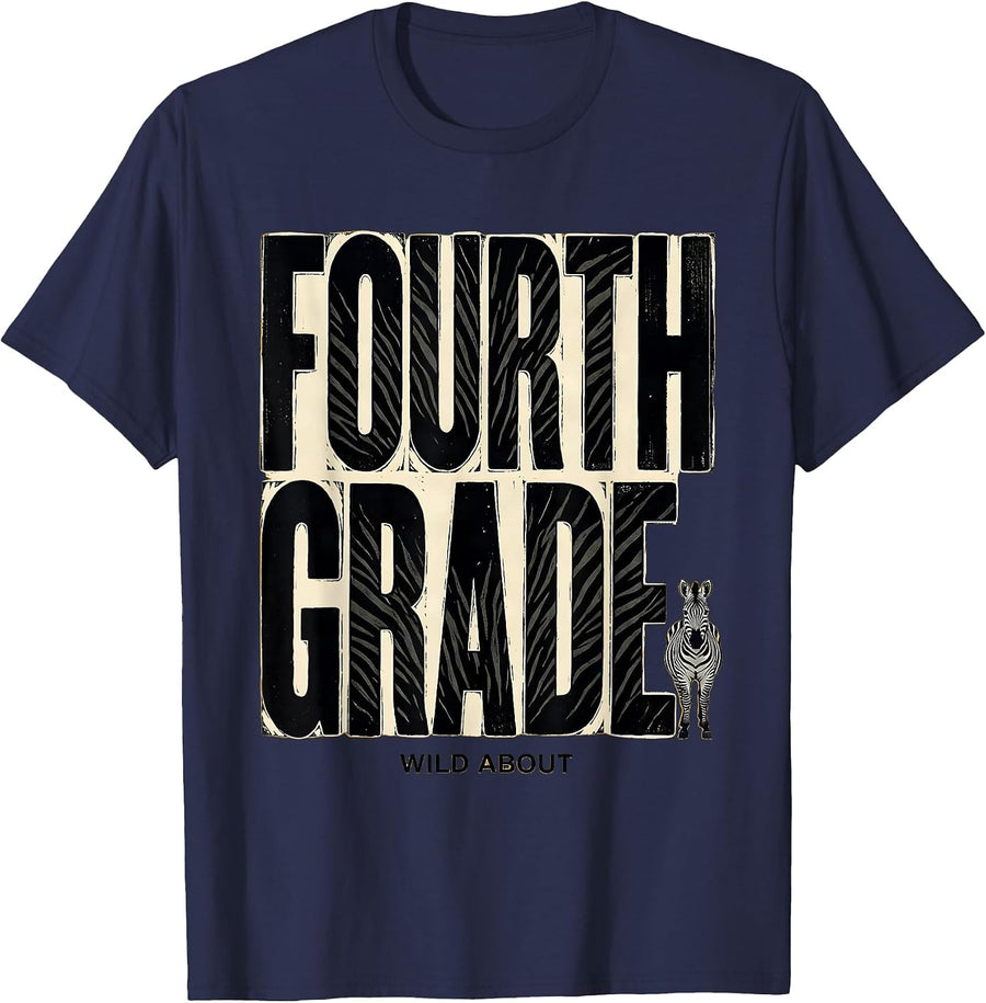 Wild About Fourth Grade Linocut Teacher Animal Print School T-Shirt - Navy Blue