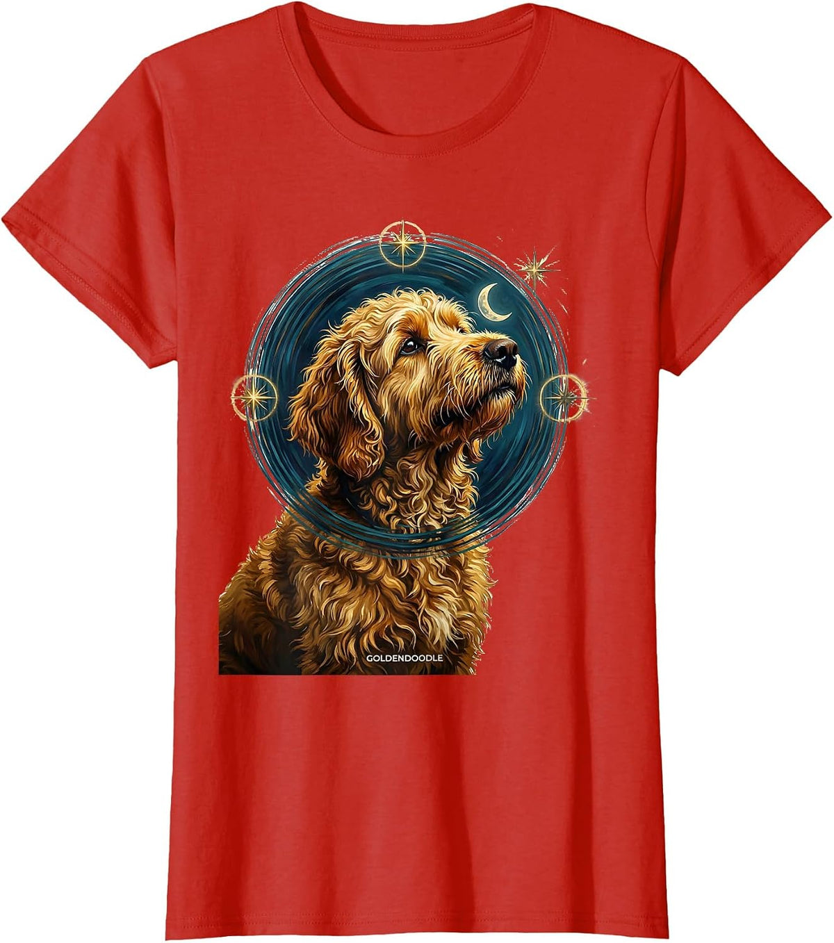 GOLDENDOODLE Van Gogh Style Starry Night Dog Portrait Art T-Shirt - Red