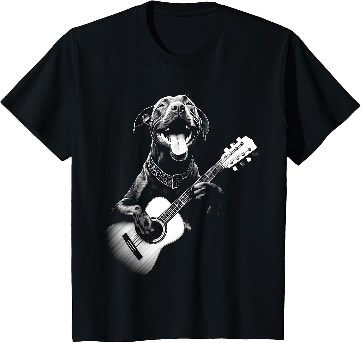 American Pitbull Playing Guitar - Funny Guitar Dog T-Shirt - Black